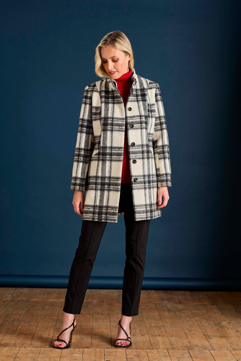 Check Funnel Neck Coat