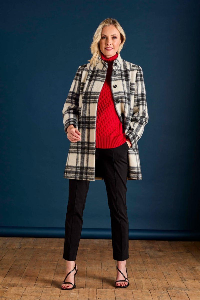 Check Funnel Neck Coat Black/White