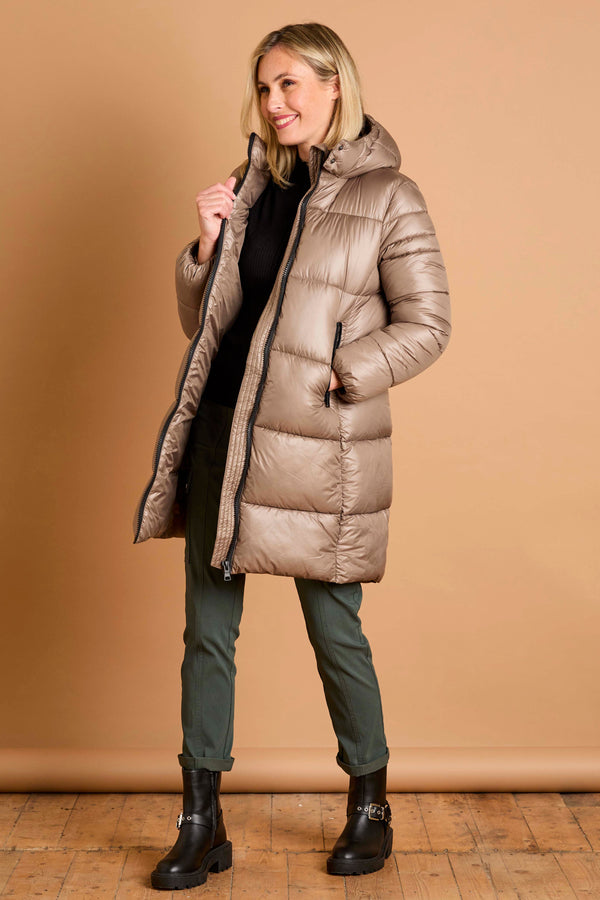 Hooded Quilt Zip Front Midi Coat