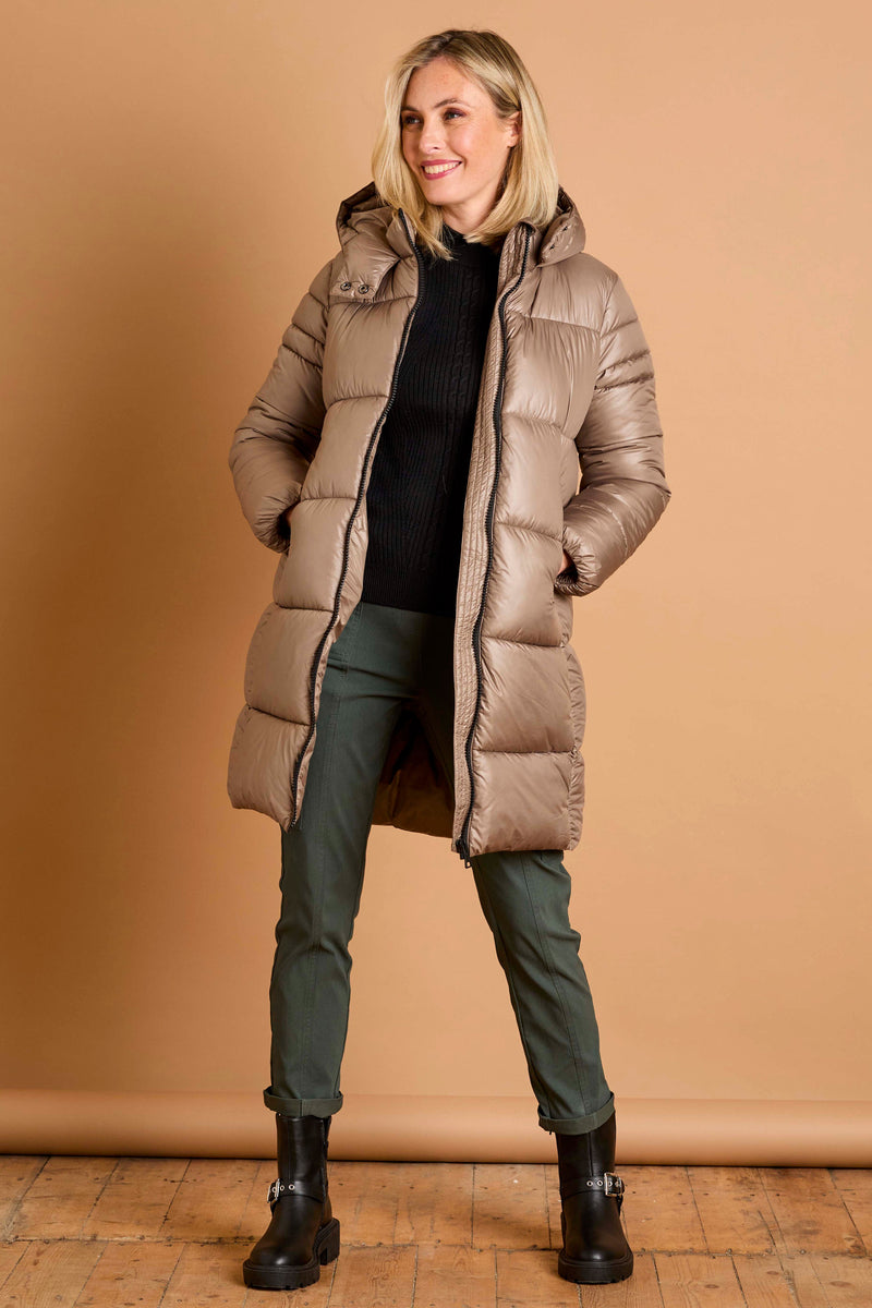 Hooded Quilt Zip Front Midi Coat