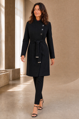 Tailored Belted Crepe Coat Black