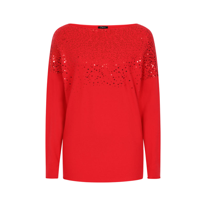 Long Sleeve Sequin Batwing Jumper Red