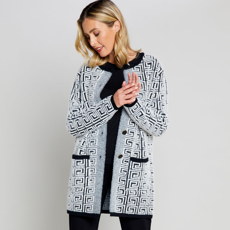 Long Sleeve Retro Print Coatigan Black / White