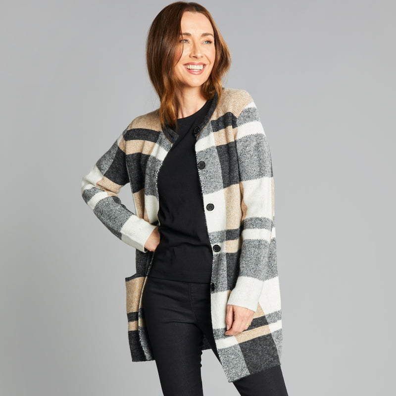 Long Sleeve Check Coatigan Beige/Grey