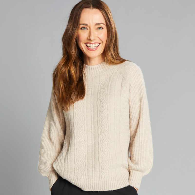 Long Sleeve High Neck Cable Knit Jumper Beige