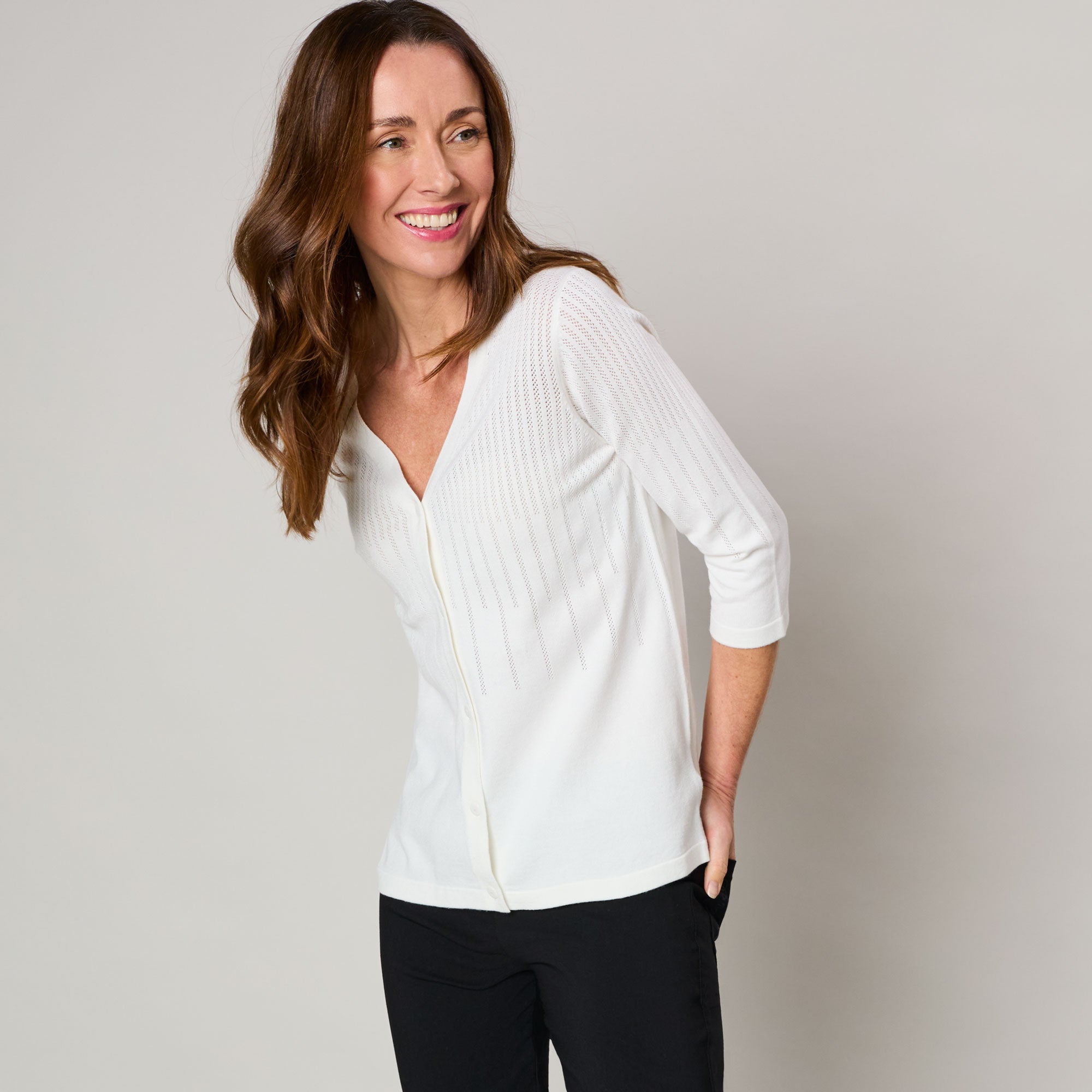 3/4 Sleeve V-Neck Cardigan White – Emreco