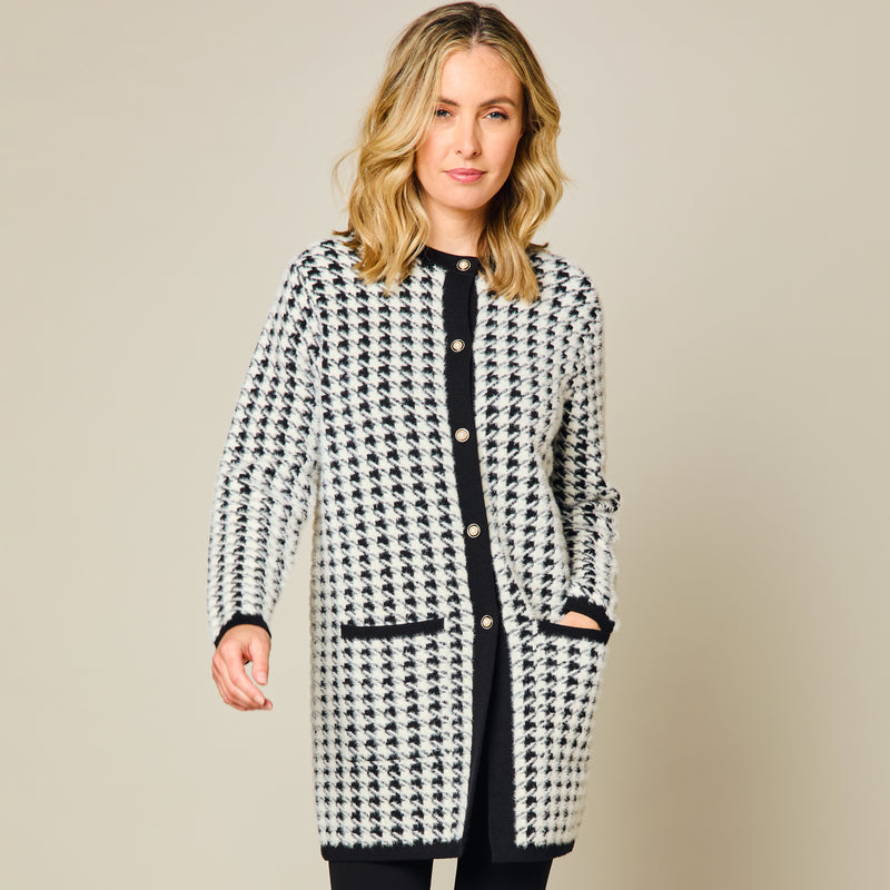 Houndstooth Longline Coatigan Black Ivory Emreco