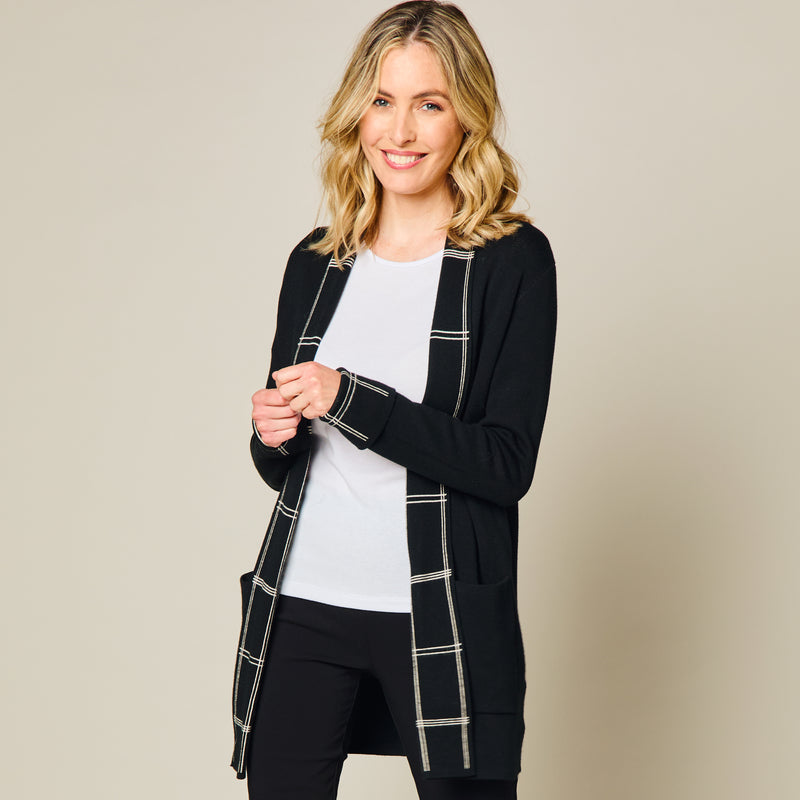 Edge To Edge Check Placket Cardigan Black/White