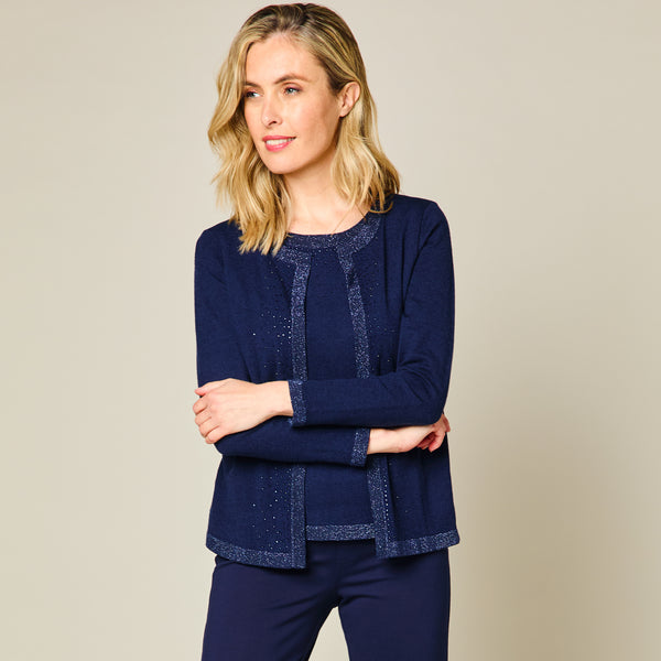 2 In 1 Heat Seal Sparkle Cami Cardigan Navy