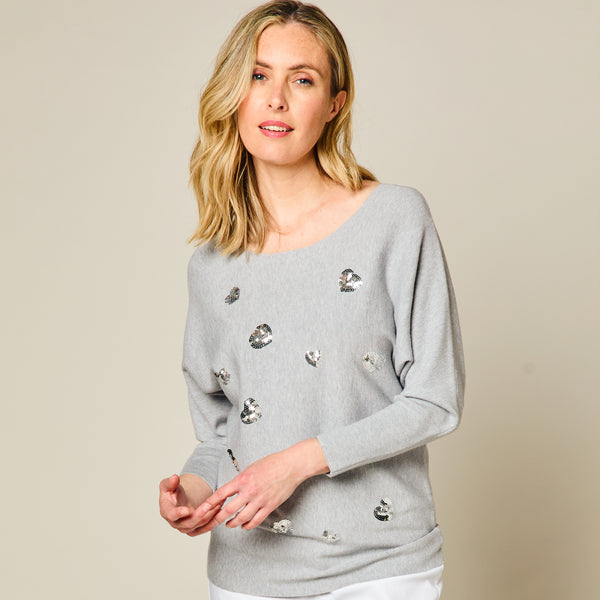 Sequin Hearts Batwing Jumper Silver Grey