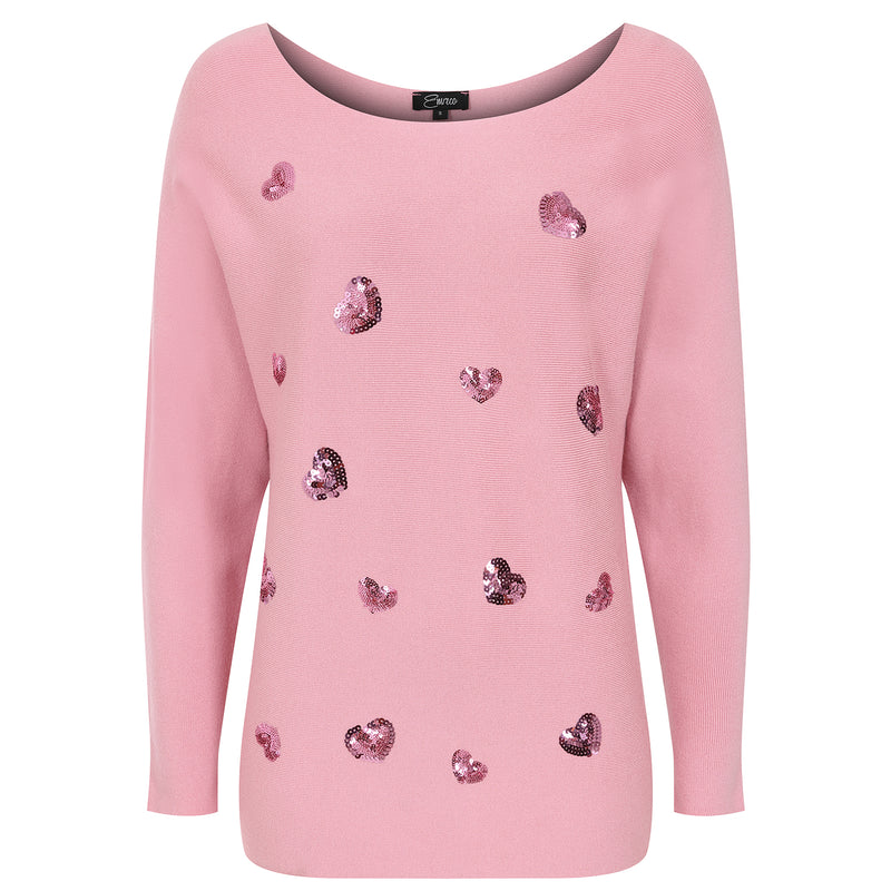 Sequin Hearts Batwing Jumper Blush Pink