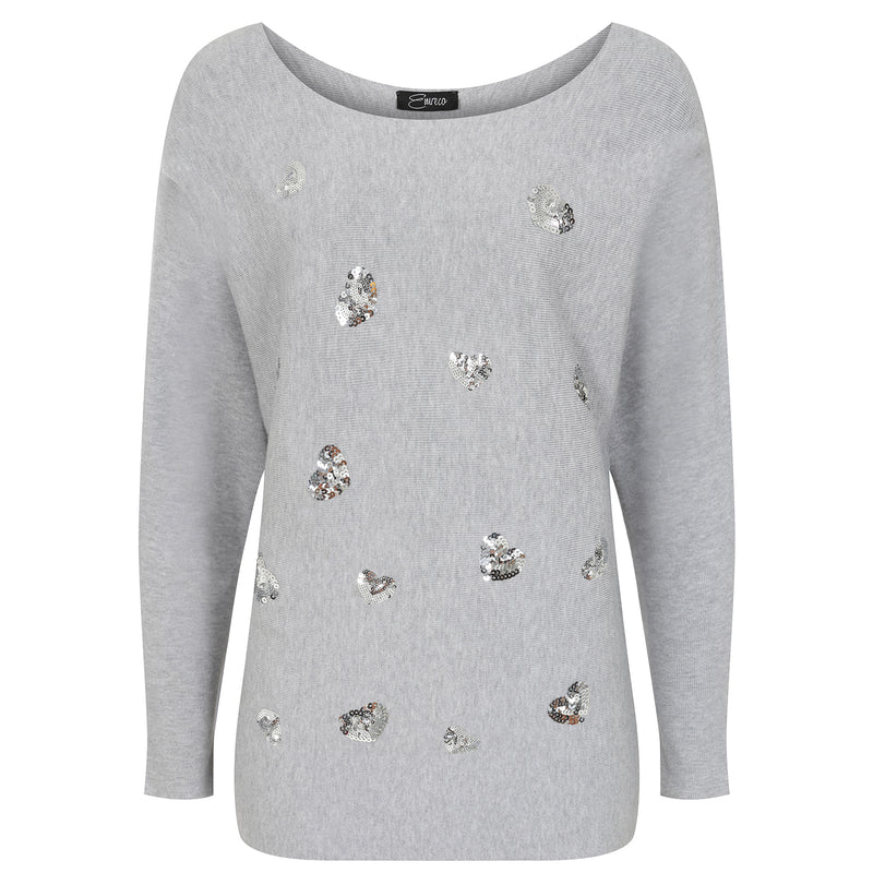 Sequin Hearts Batwing Jumper Silver Grey