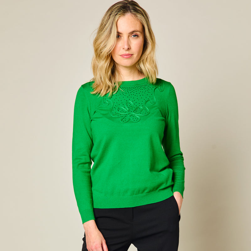 Diamante Tape Neck Trim Jumper Green