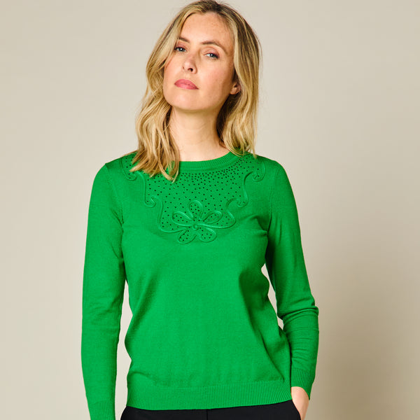 Diamante Tape Neck Trim Jumper Green