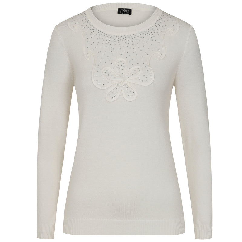 Diamante Tape Neck Trim Jumper Ivory