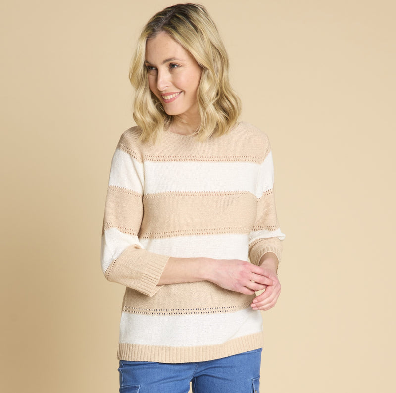 3/4 Sleeve Stripe Jumper Oatmeal