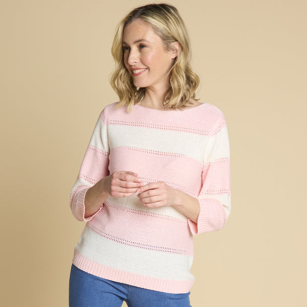 3/4 Sleeve Stripe Jumper Pink