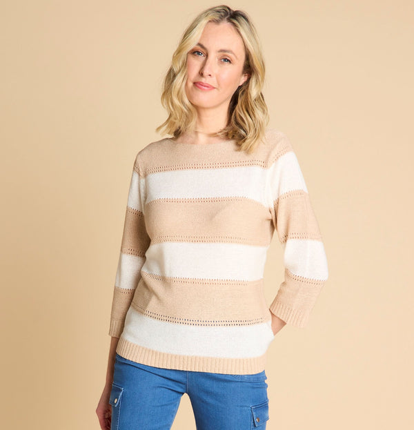 3/4 Sleeve Stripe Jumper Oatmeal