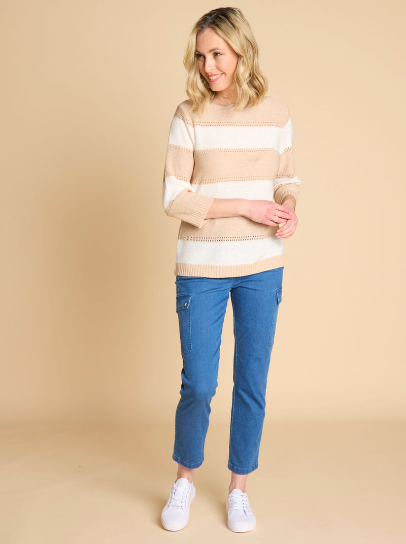 3/4 Sleeve Stripe Jumper Oatmeal