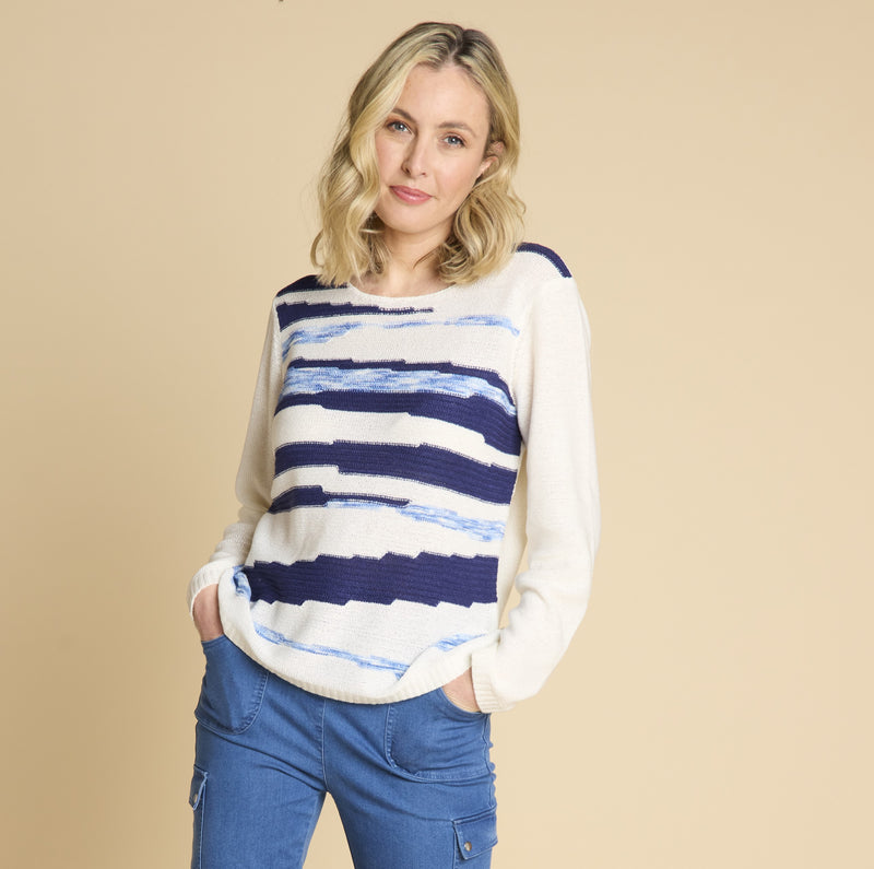 Horizontal Zig Zag Stripe Jumper White/Navy