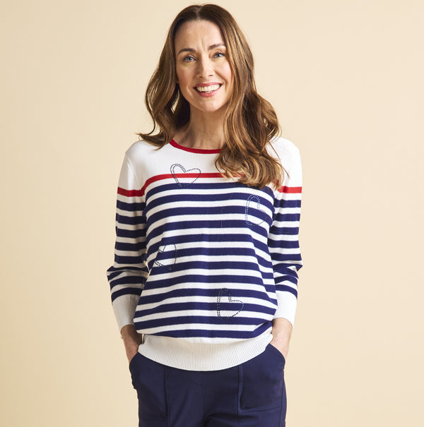 Stripe Jumper With Hearts White/Navy