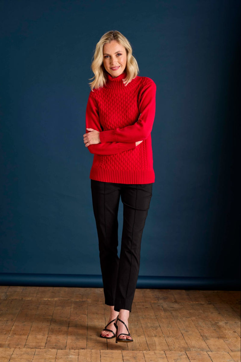 Cable Front Chunky Roll Neck Jumper Red