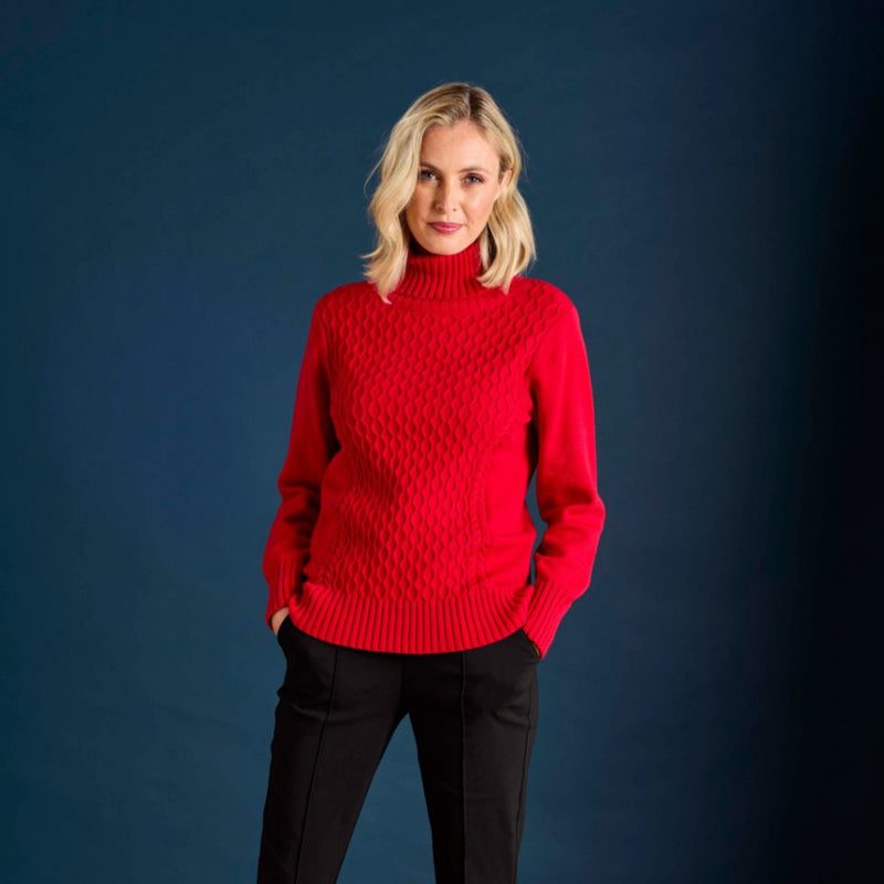 Cable Front Chunky Roll Neck Jumper Red