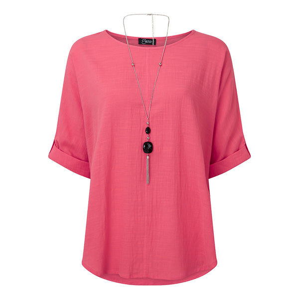 Oversized Woven Top & Necklace Pink
