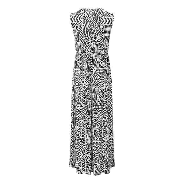 Sleeveless Tribal Print Front Pleat Maxi Black/White