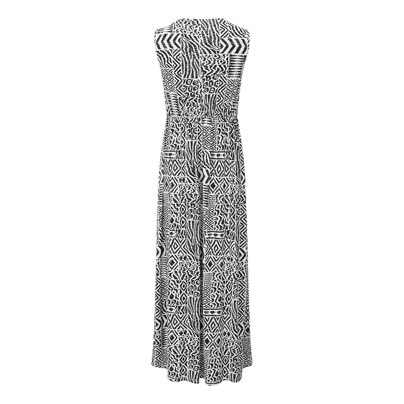 Sleeveless Tribal Print Front Pleat Maxi Black/White