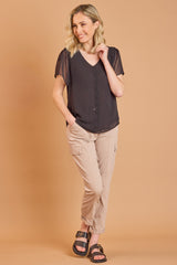 Angel Sleeve V Neck Button Blouse