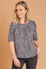 Mono Animal Print Pleat Neck Top