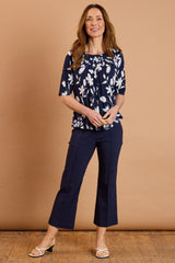 Floral Print Pleat Neck Top