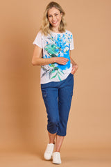 Floral Design Woven Front T-Shirt