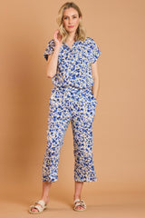 Short Sleeve Floral Print Blouse Blue/Ivory