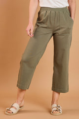 Cotton Washed Straight Leg Cropped Trousers