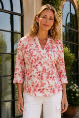 Leaf Print Mandarin Collar Blouse